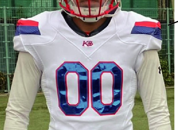Custom American football jersey sample — white jersey with blue and red shoulder panels and chest numbering