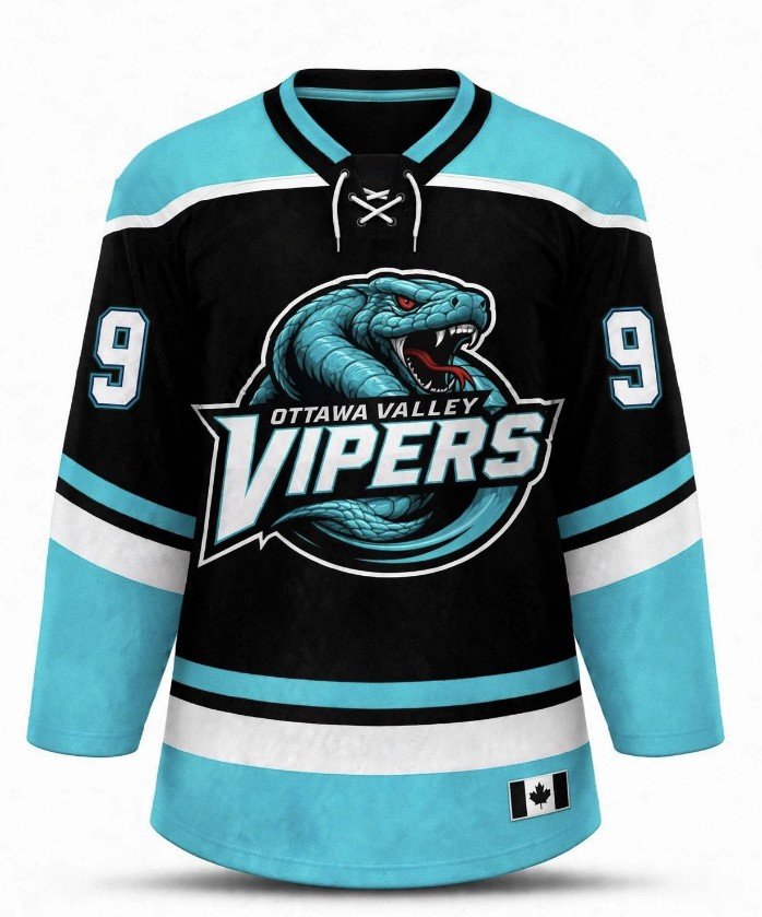 Custom ice hockey jersey sample — black and teal hockey jersey with lace collar, sleeve numbers and sublimated team crest